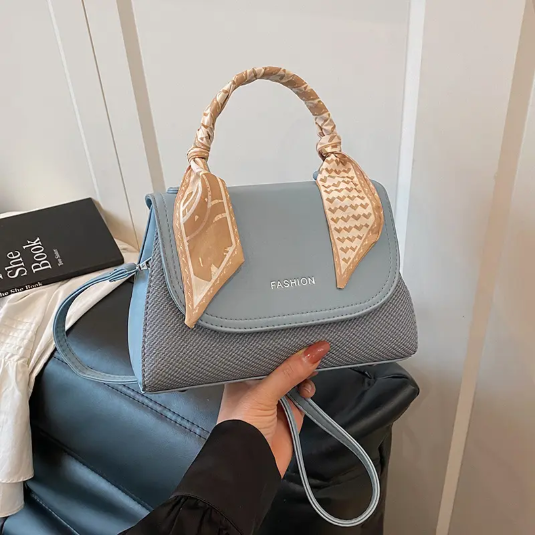 Elegant Blue Faux Leather Top Handle Bag with Scarf Accent - Perfect for a Fashionable Look 02