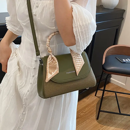 Elegant Green Faux Leather Top Handle Bag with Scarf Accent - Perfect for a Fashionable Look 02