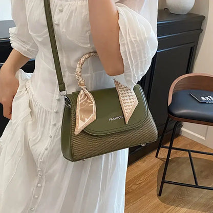 Elegant Green Faux Leather Top Handle Bag with Scarf Accent - Perfect for a Fashionable Look 02