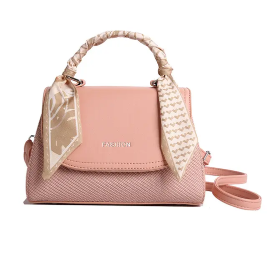 Elegant Pink Faux Leather Top Handle Bag with Scarf Accent - Perfect for a Fashionable Look 02