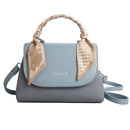 Elegant Blue Faux Leather Top Handle Bag with Scarf Accent - Perfect for a Fashionable Look 02