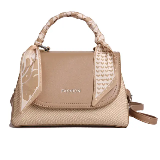Elegant Light Khakhi Faux Leather Top Handle Bag with Scarf Accent - Perfect for a Fashionable Look 02