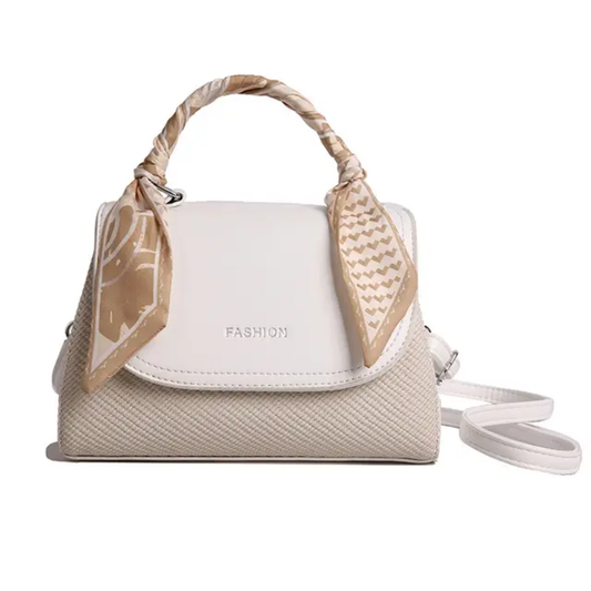 Elegant Light White Faux Leather Top Handle Bag with Scarf Accent - Perfect for a Fashionable Look 02