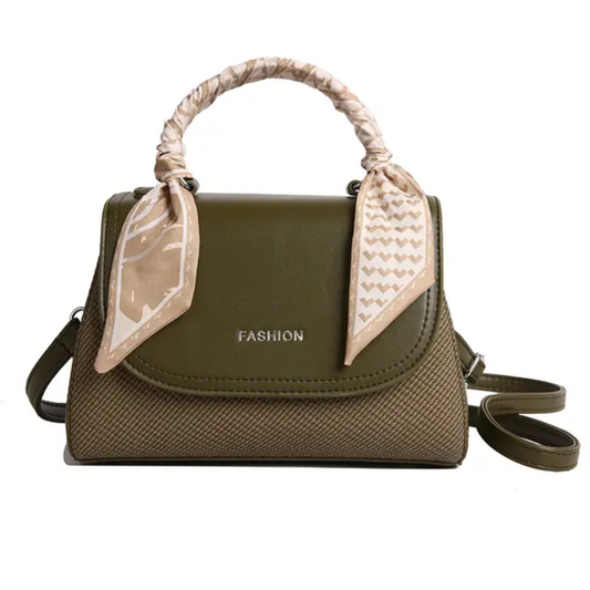 Elegant Green Faux Leather Top Handle Bag with Scarf Accent - Perfect for a Fashionable Look 02