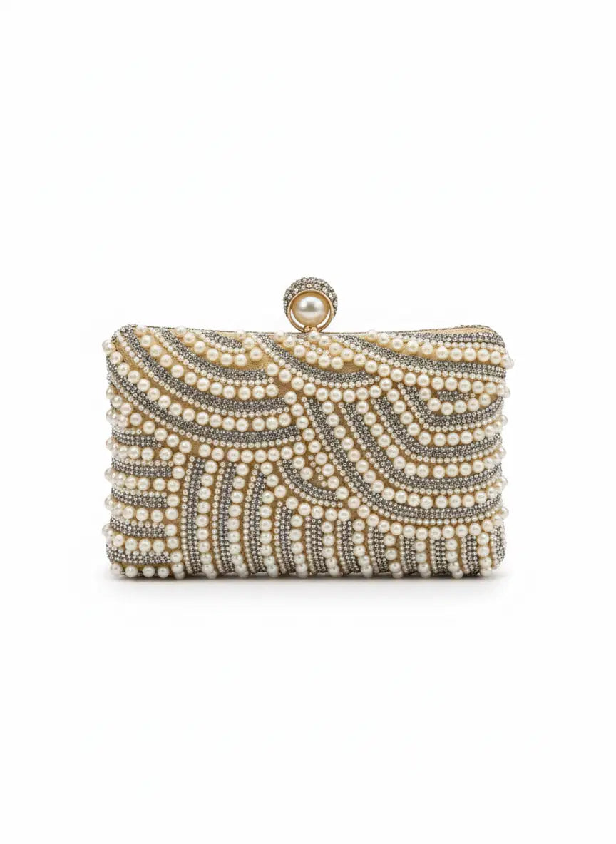 Champaign Pearl Embellished Party Clutch with Sling and Kada