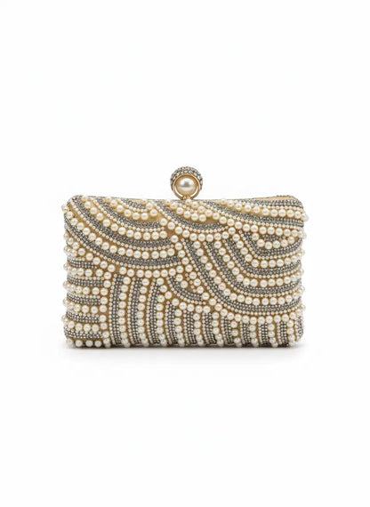 Champaign Pearl Embellished Party Clutch with Sling and Kada