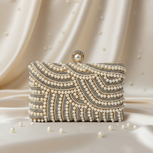 Champaign Pearl Embellished Party Clutch with Sling and Kada