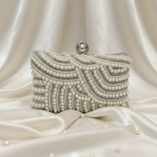 White Pearl Embellished Party Clutch with Sling and Kada