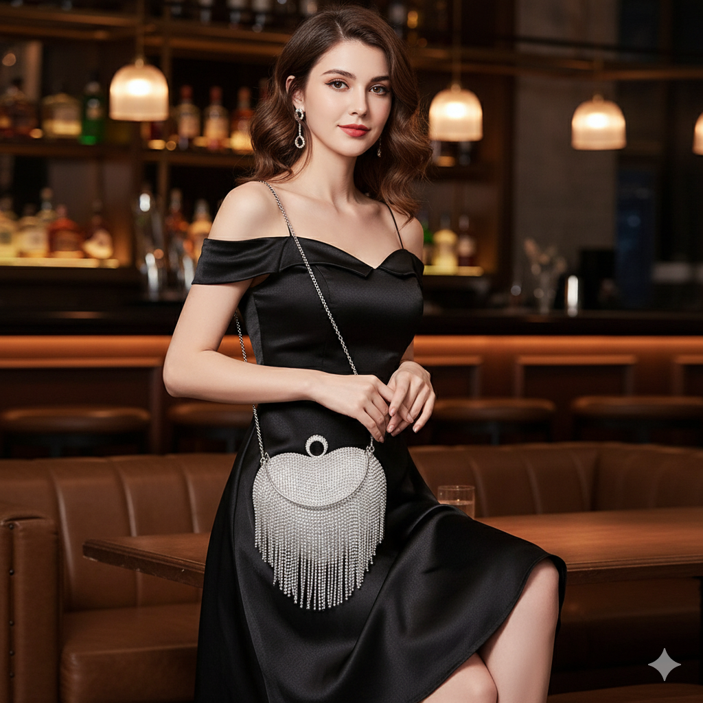 Silver Dazzle Heart Clutch | Crystal Fringe Party Handbag