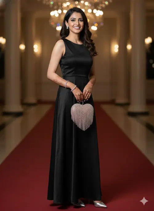 Woman in a black dress holding a heart-shaped clutch in an elegant indoor setting.