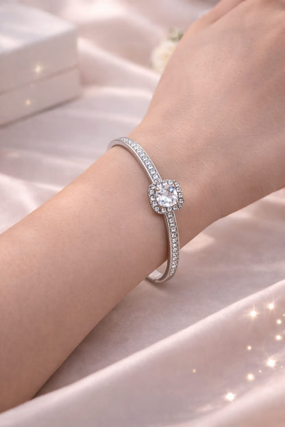 The Classic Choice: "Royal Halo" Premium Solitaire Bangle – Silver