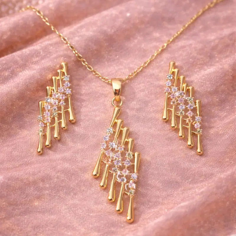 Dazzling Waterfall Zirconia Pendant & Earrings Set | Premium Gold Plated Luxury