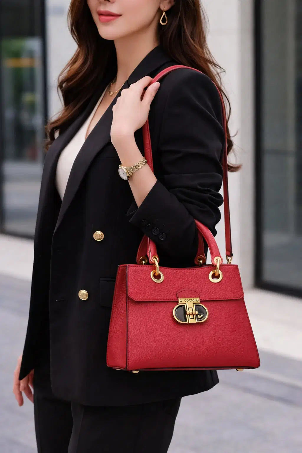 Signature Saffiano | Elegant Trapezoid Top-Handle Satchel in Crimson Red