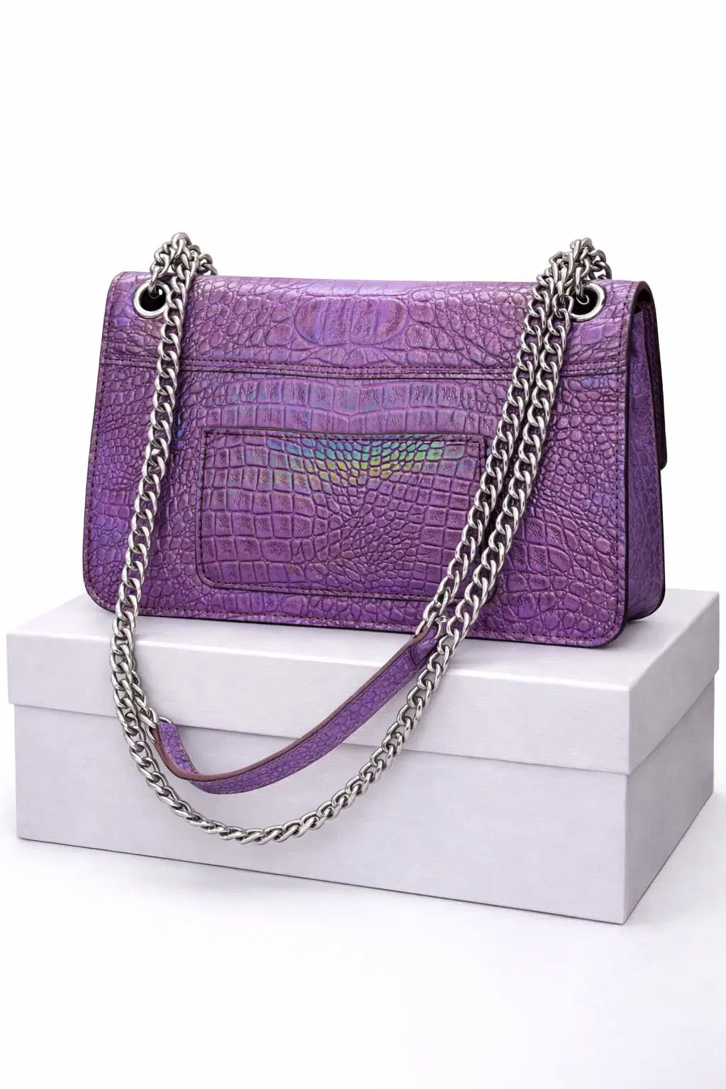 Iridescent Amethyst Croc-Embossed Statement Flap Bag