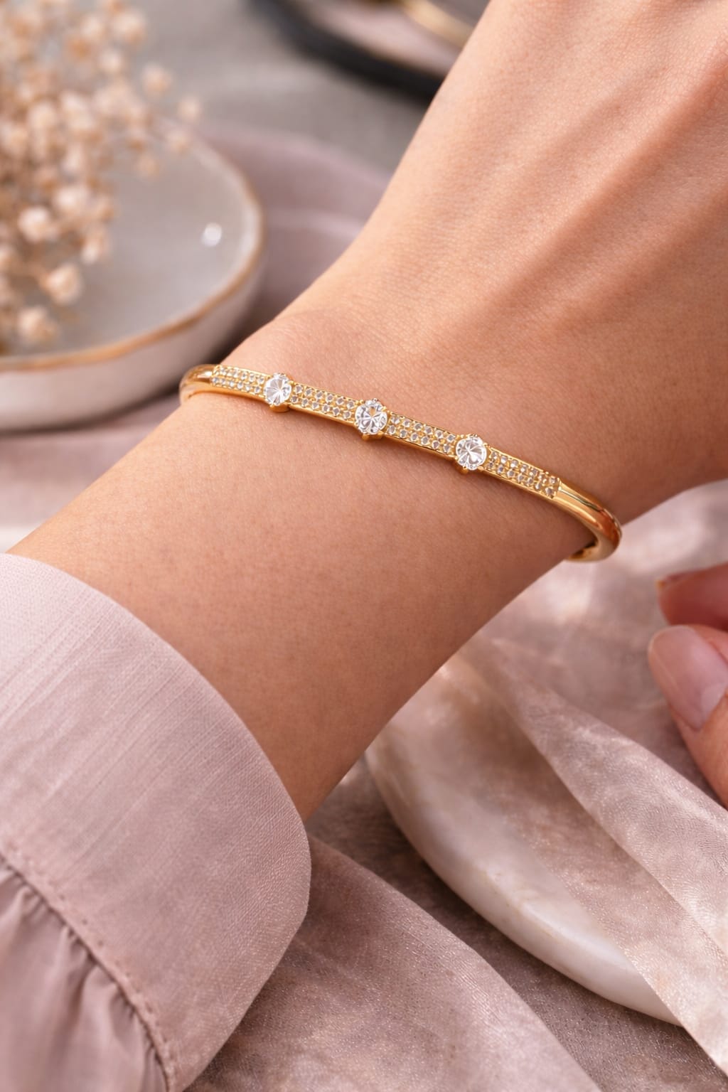 Signature Three-Stone Crystal Bangle – Premium Gold Edition