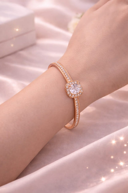 The Classic Choice: "Royal Halo" Premium Solitaire Bangle –Rose Gold