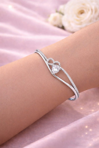Heart-to-Heart Pavé Bangle – Premium Imported Edition Silver