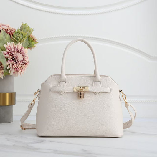 Off White Faux Leather Satchel Handbag with Lock Charm