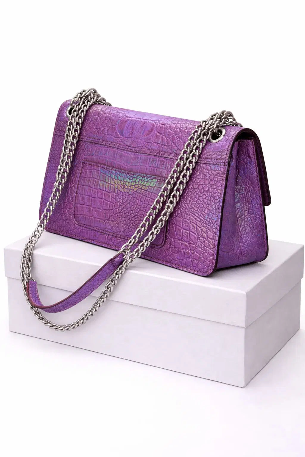 Iridescent Amethyst Croc-Embossed Statement Flap Bag