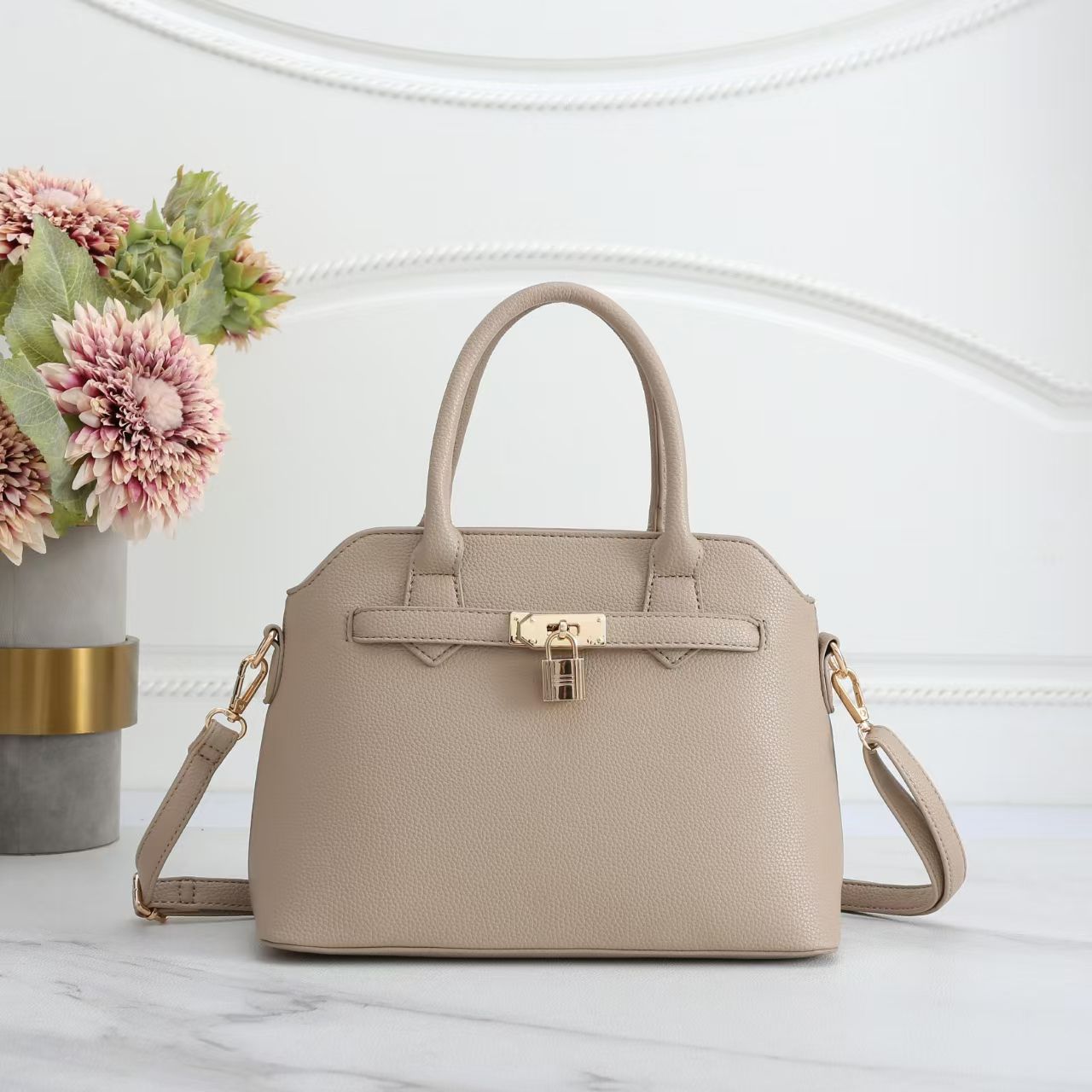 Beige Faux Leather Satchel Handbag with Lock Charm