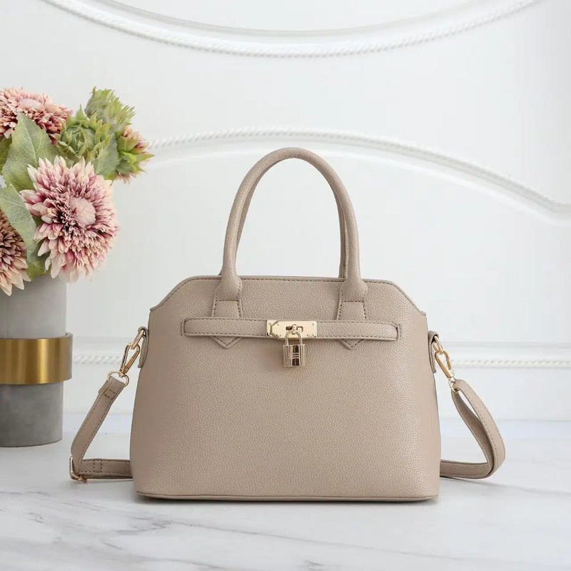 Beige Faux Leather Satchel Handbag with Lock Charm