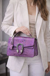 Iridescent Amethyst Croc-Embossed Statement Flap Bag