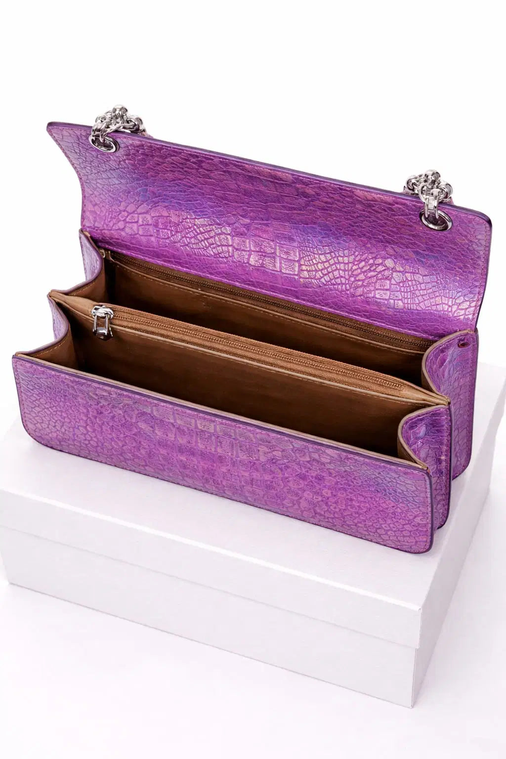 Iridescent Amethyst Croc-Embossed Statement Flap Bag