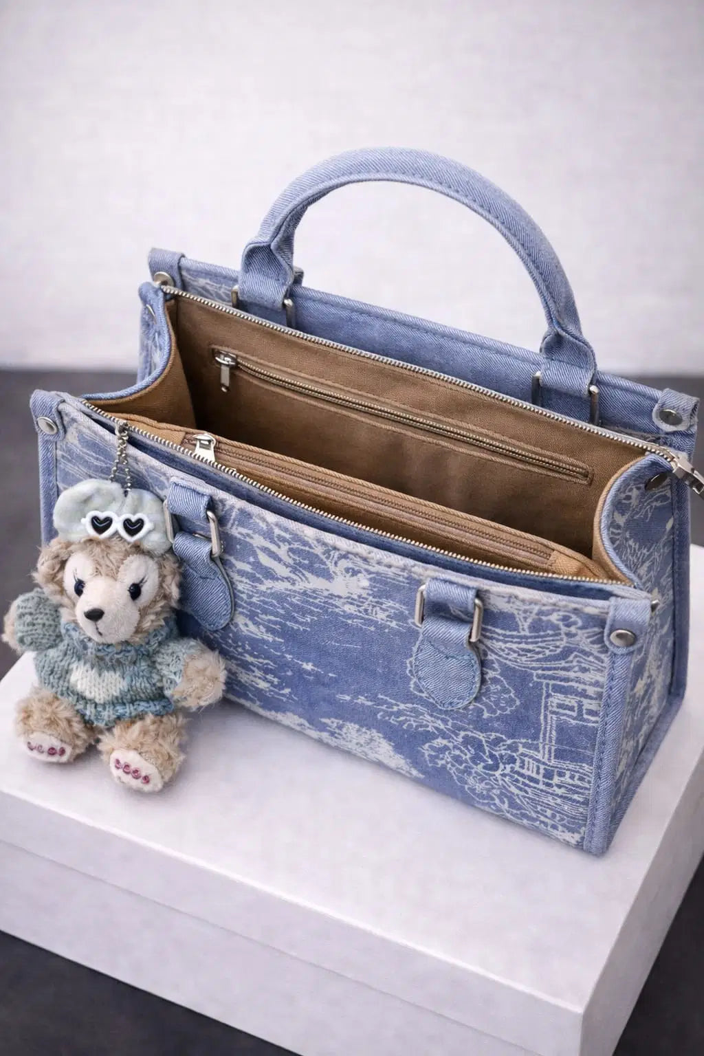 Artisanal Blue Denim Mini Flap Bag with Scenic Tapestry Design
