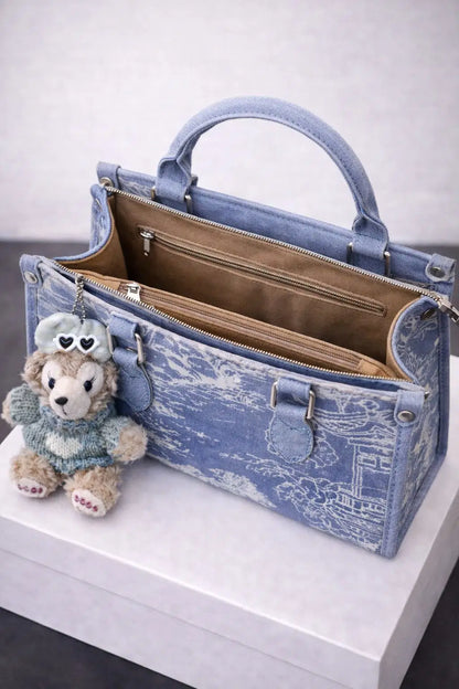 Artisanal Blue Denim Mini Flap Bag with Scenic Tapestry Design