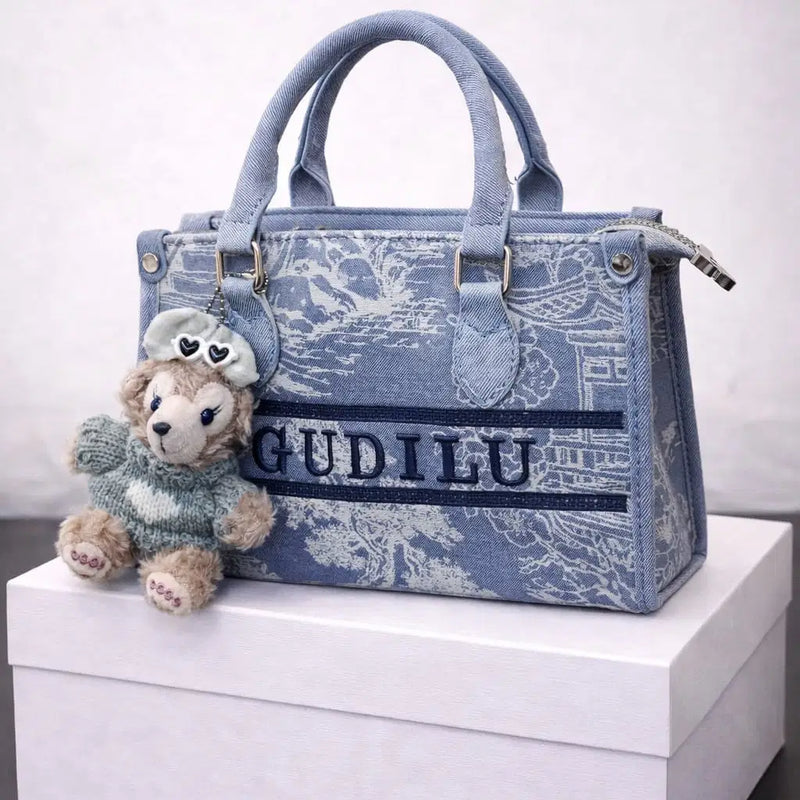 Artisanal Blue Denim Mini Flap Bag with Scenic Tapestry Design