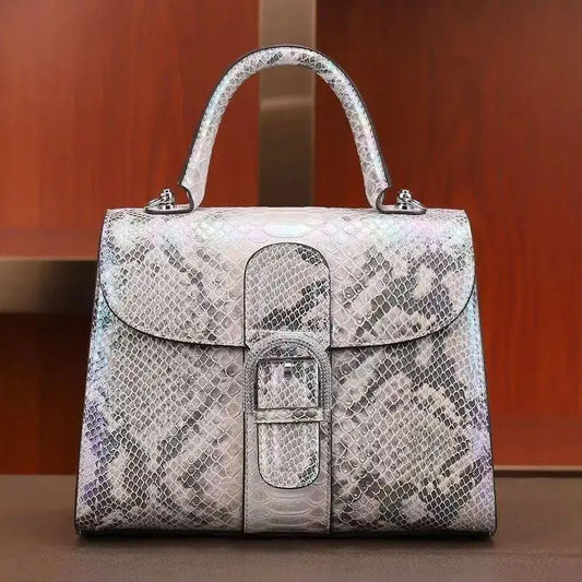 Premium Vegan Crocodile-Embossed Silver Sling Handbag with Buckle Handle