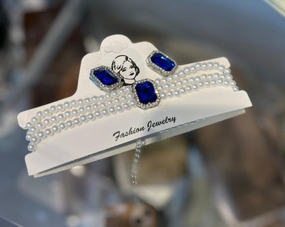 Vintage Sapphire Blue Crystal and Pearl Choker Set