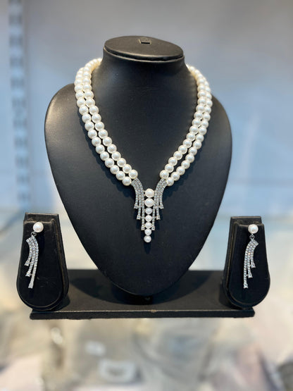 Elegant Two-Layer Pearl and Crystal Statement Necklace Set Silver
