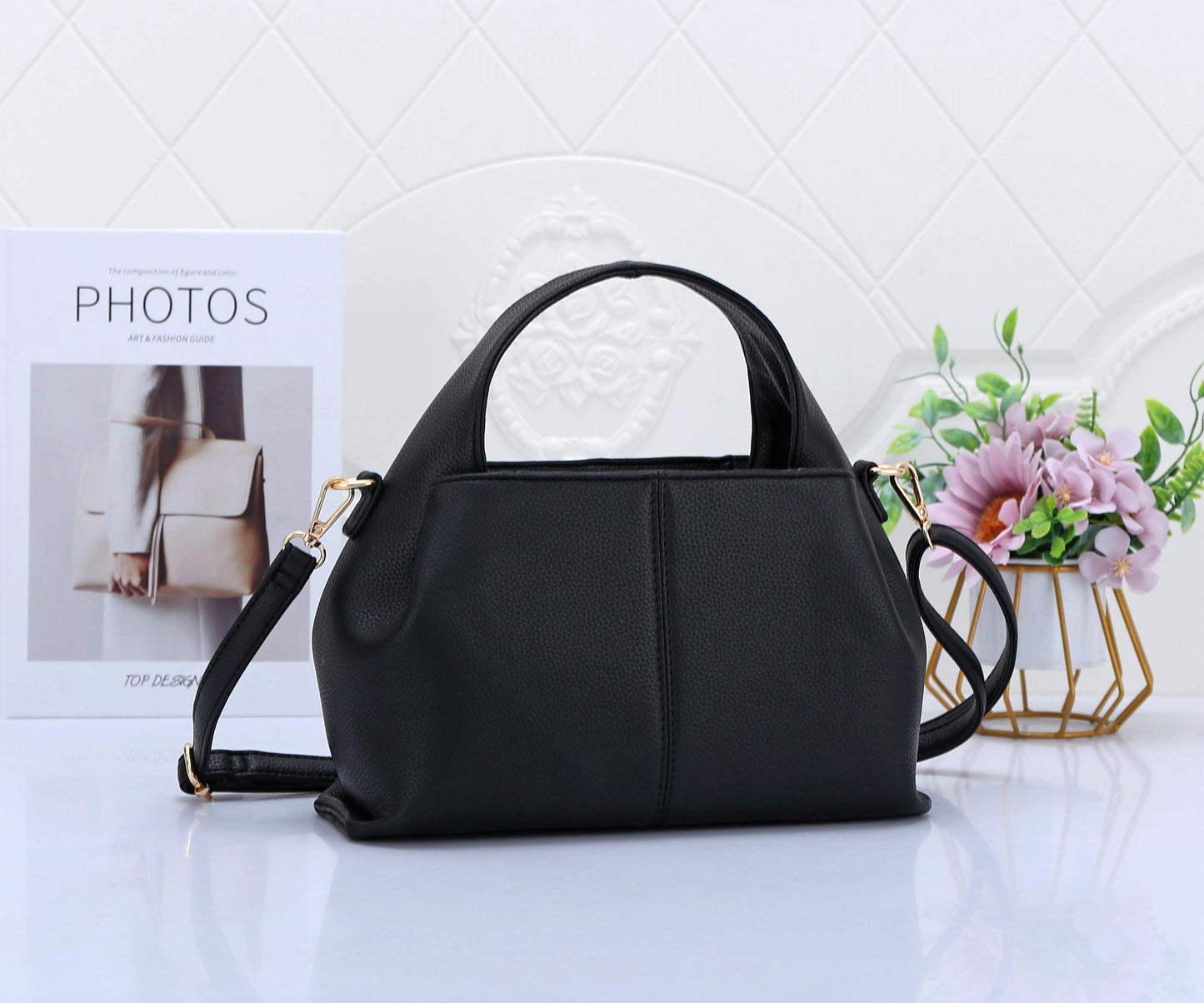 Premium Vegan Leather Black Sling Vanilla Handbag