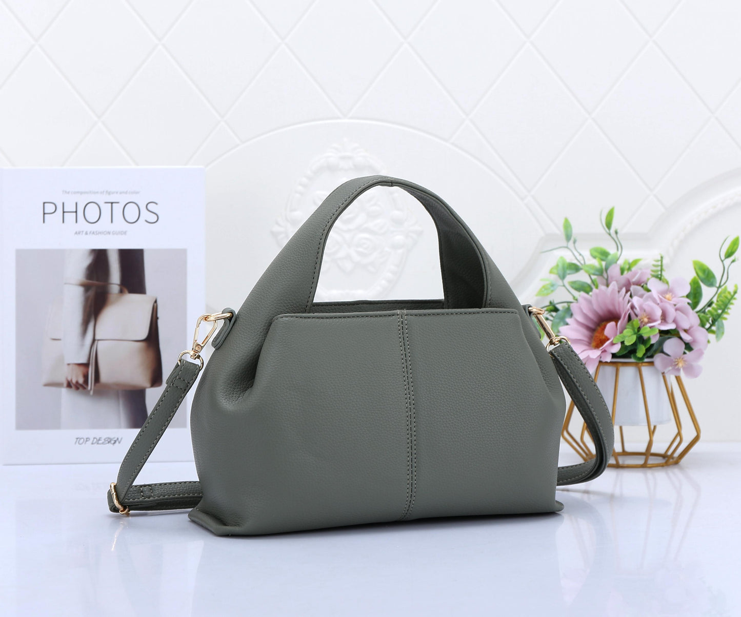 Premium Vegan Leather Olive Green Sling Vanilla Handbag