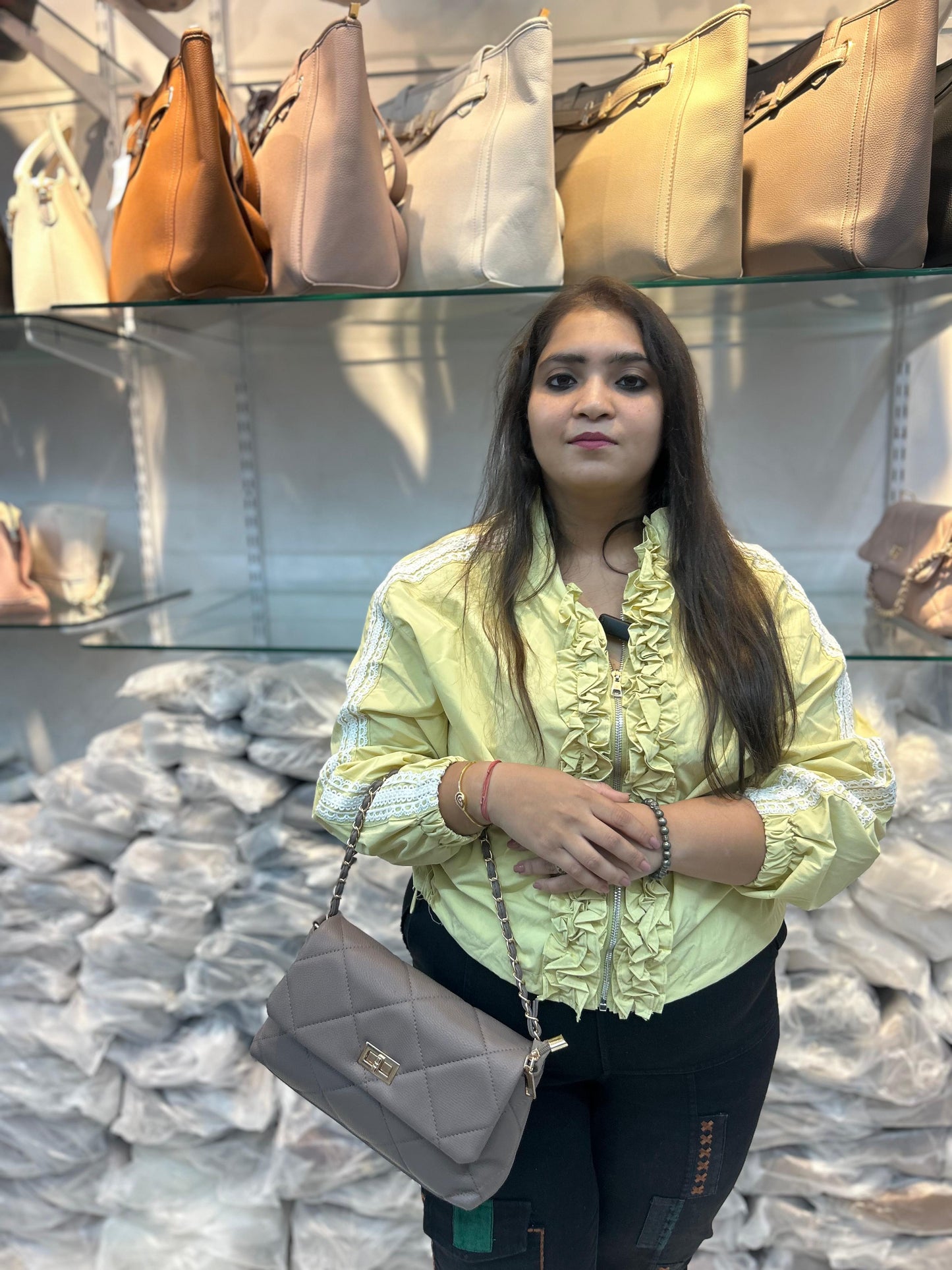 Quilted Vegan Faux Leather Cushion Bag Khakhi