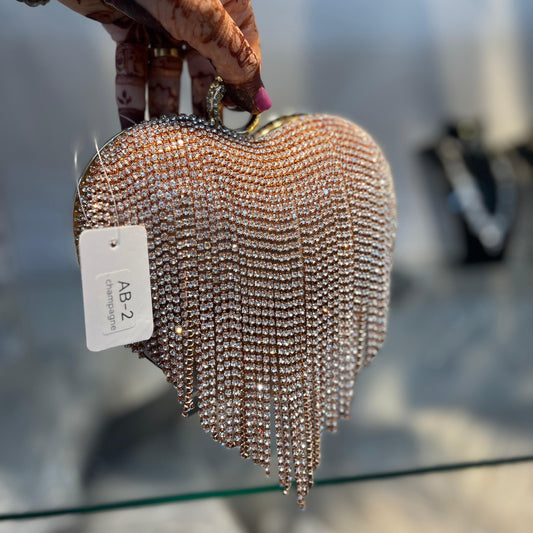 Rose Gold Dazzle Heart Clutch | Crystal Fringe Party Handbag