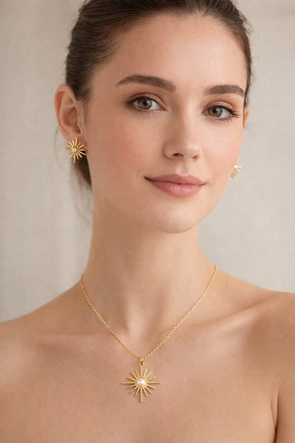 Solaris Pearl | Premium Anti-Tarnish Sunburst Pendant & Earrings Set
