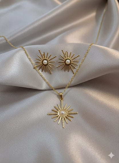 Solaris Pearl | Premium Anti-Tarnish Sunburst Pendant & Earrings Set