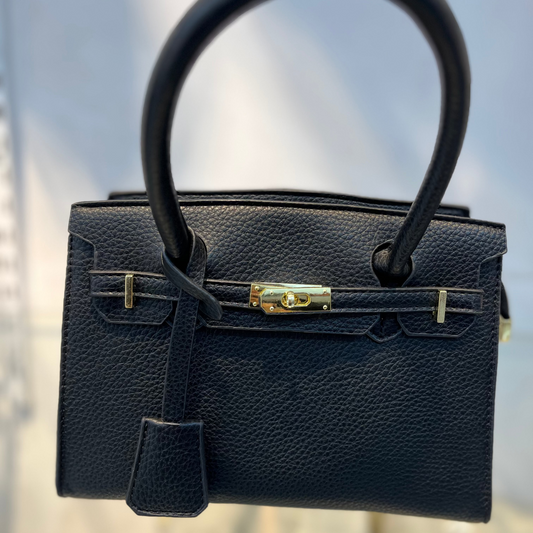 Hermes-Inspired Black Vegan Faux Leather Handbag with Sling & Metallic Lock