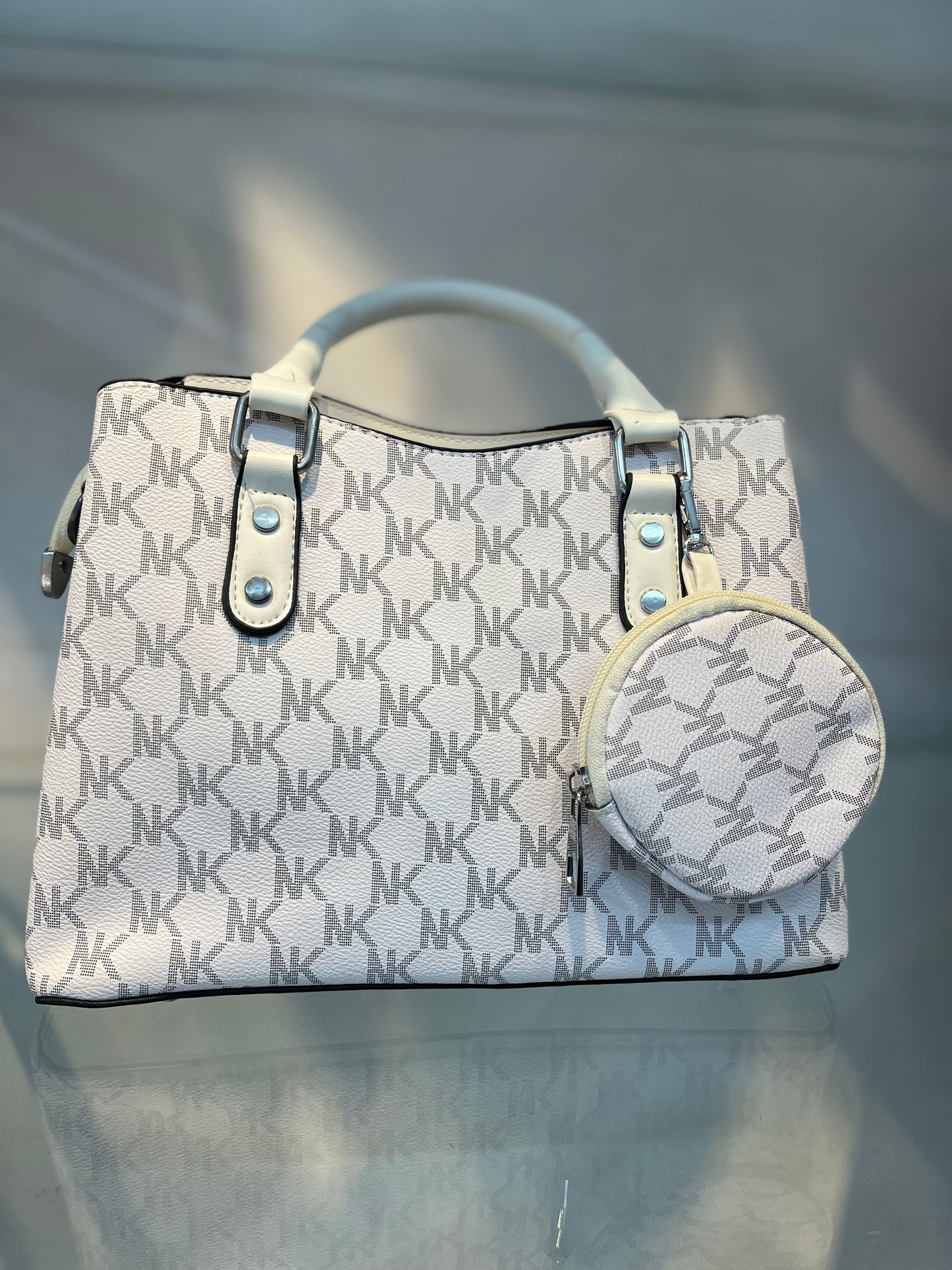 White Faux Leather Baguette Handbag with Sling, 3 Compartments & Coin Pouch