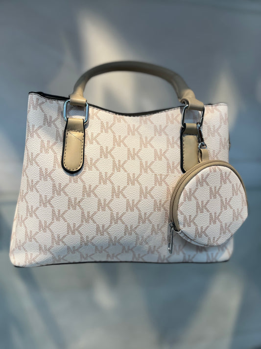 Beige Faux Leather Baguette Handbag with Sling, 3 Compartments & Coin Pouch