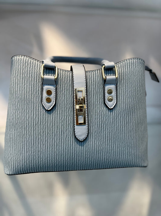 Premium Blue Fabric-Embossed Handbag ,3 Compartments & Back Zip