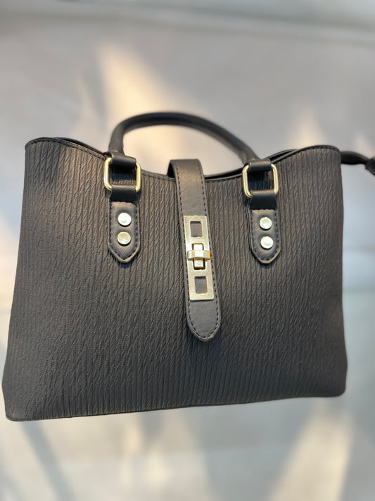 Premium Black Fabric-Embossed Handbag ,3 Compartments & Back Zip