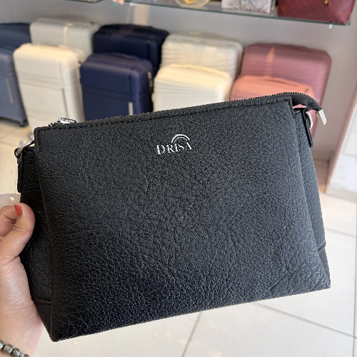 Black Textured Vegan Leather Sling Bag | Zip Pocket