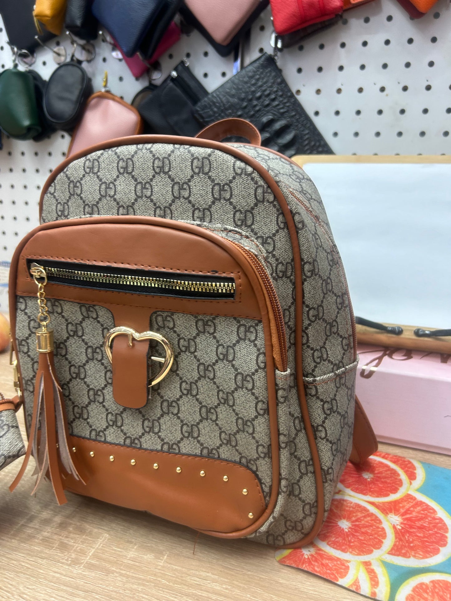 Monogram Print Faux Leather Backpack & Pouch