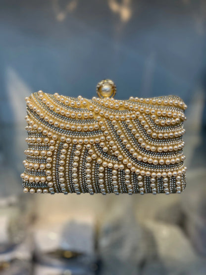 Champaign Pearl Embellished Party Clutch with Sling and Kada
