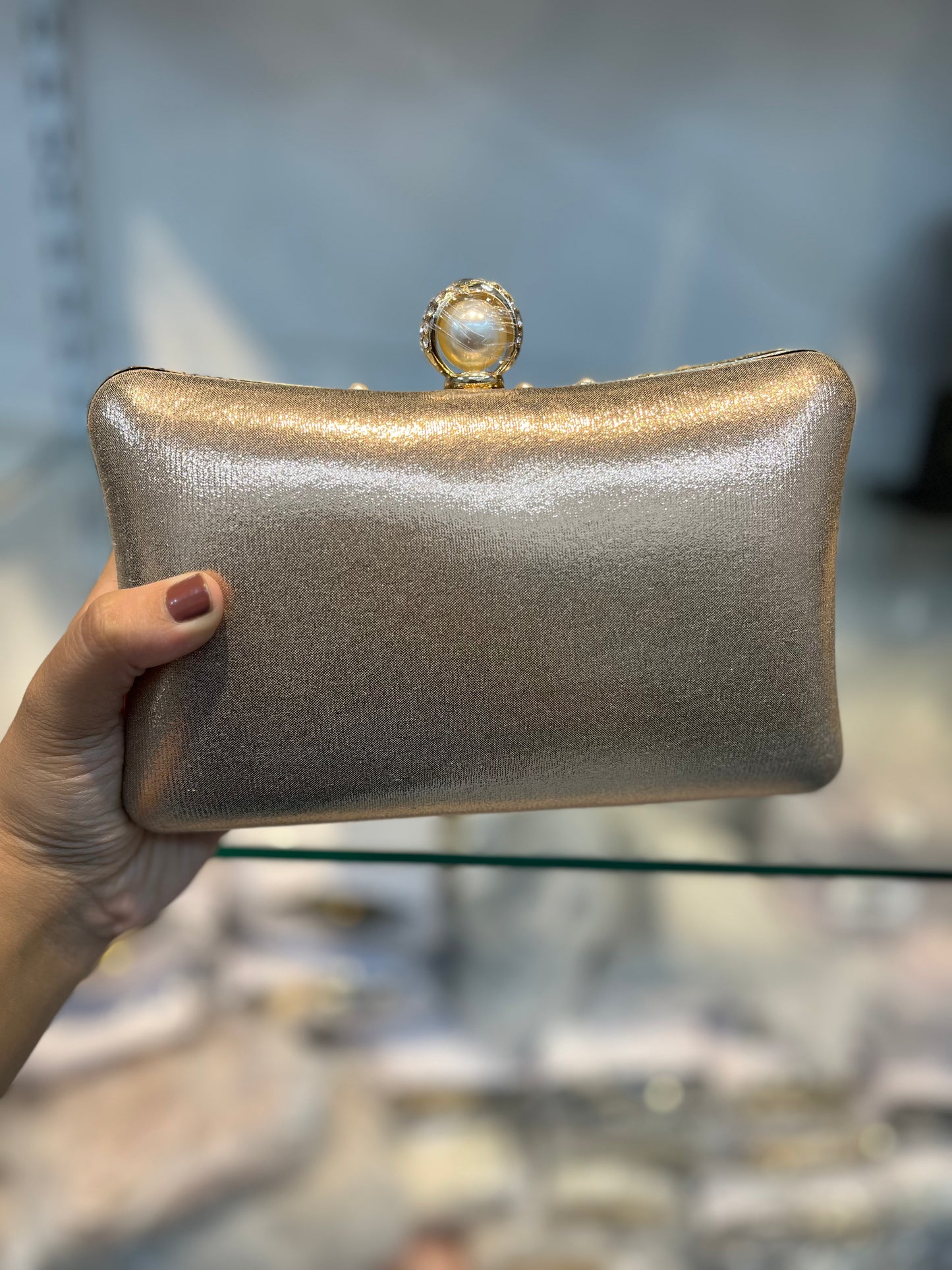 Champaign Pearl Embellished Party Clutch with Sling and Kada