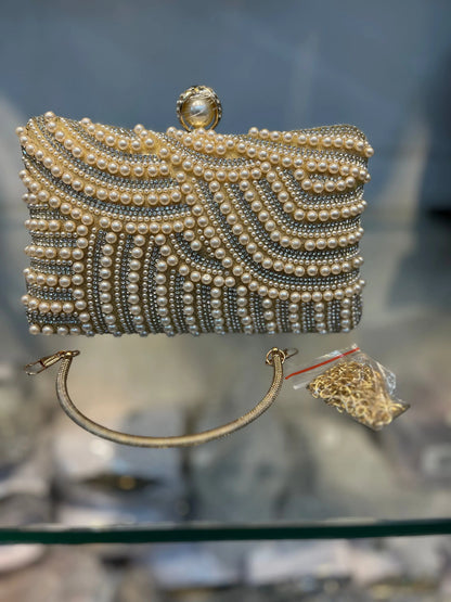 Champaign Pearl Embellished Party Clutch with Sling and Kada