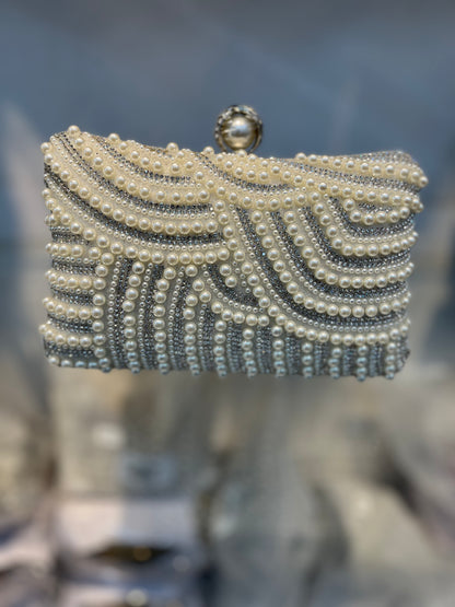 White Pearl Embellished Party Clutch with Sling and Kada